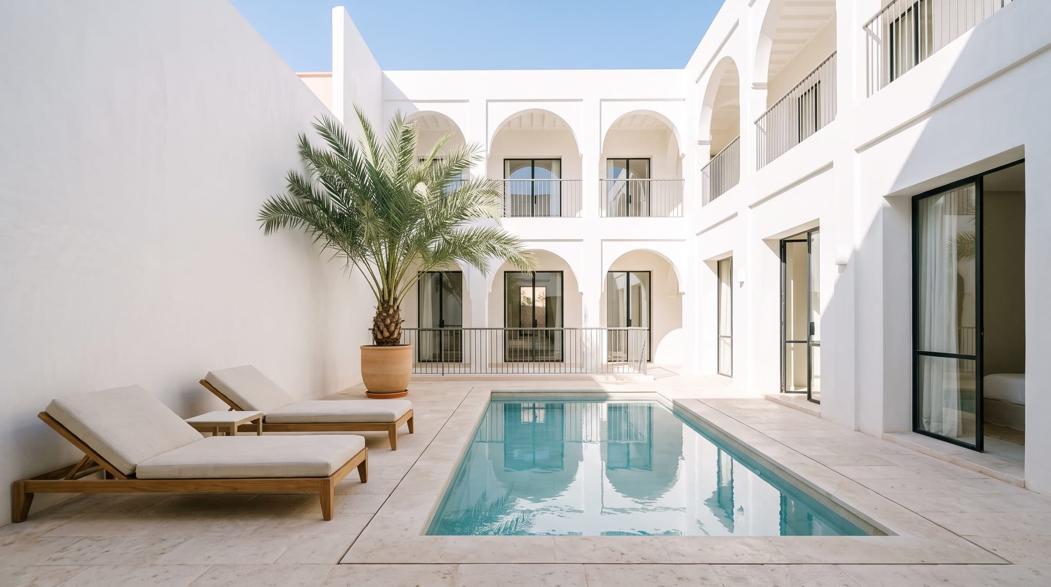 A renovated Marrakech riad courtyard with a still plunge pool