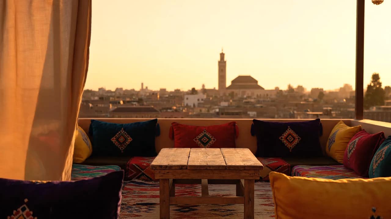 A rooftop terrace over the Marrakech medina at golden hour