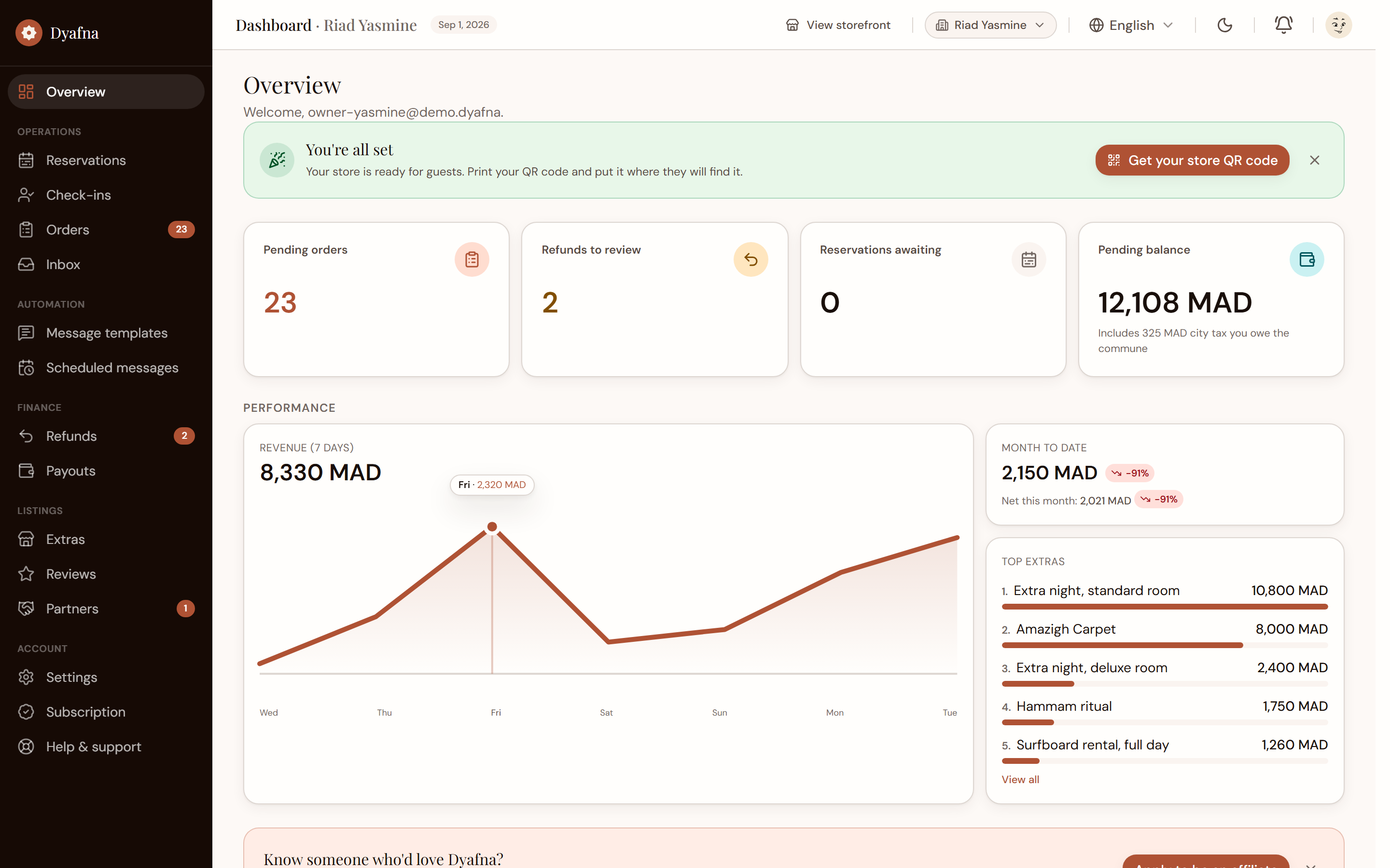 Dyafna host dashboard: a seven-day revenue chart, month-to-date takings, pending orders and refunds, and best-selling extras ranked by revenue in dirham